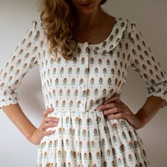 OffOn Handmade Ivory Feather Print Scoop Neck Popover Casual Dress Women's Small - Picture 1 of 8